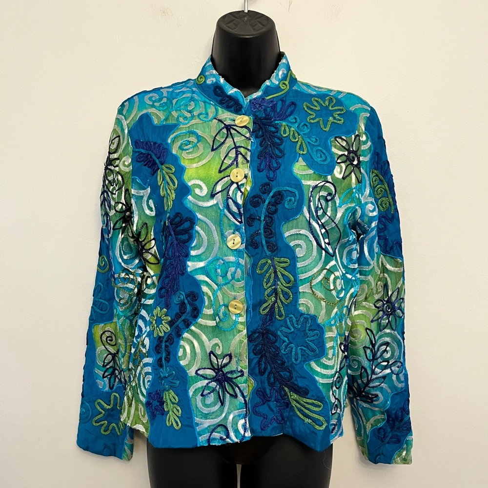 Vintage Florissant Embroidered & Embellished Silk Jacket, Size Small